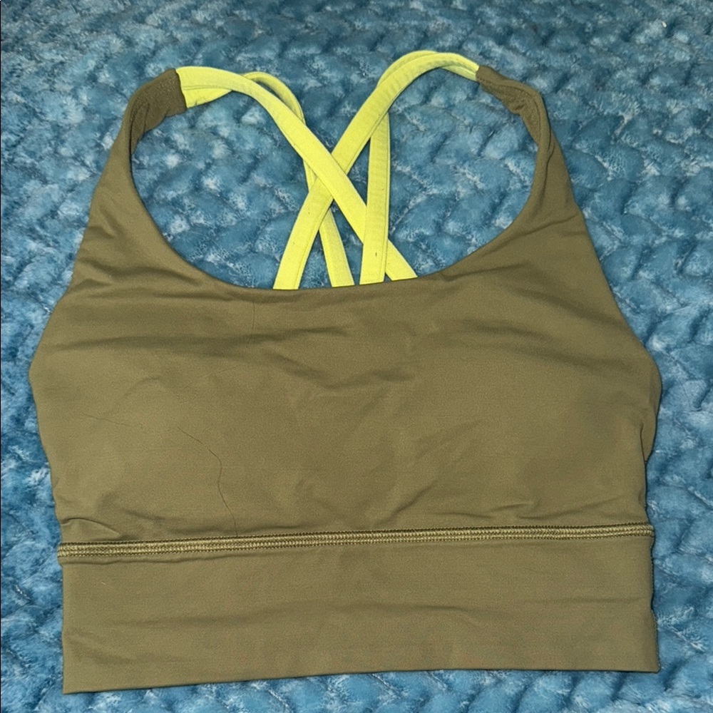 Lululemon Energy Longline Bra - Olive Green Sports Bra with Yellow Straps - Sz 2